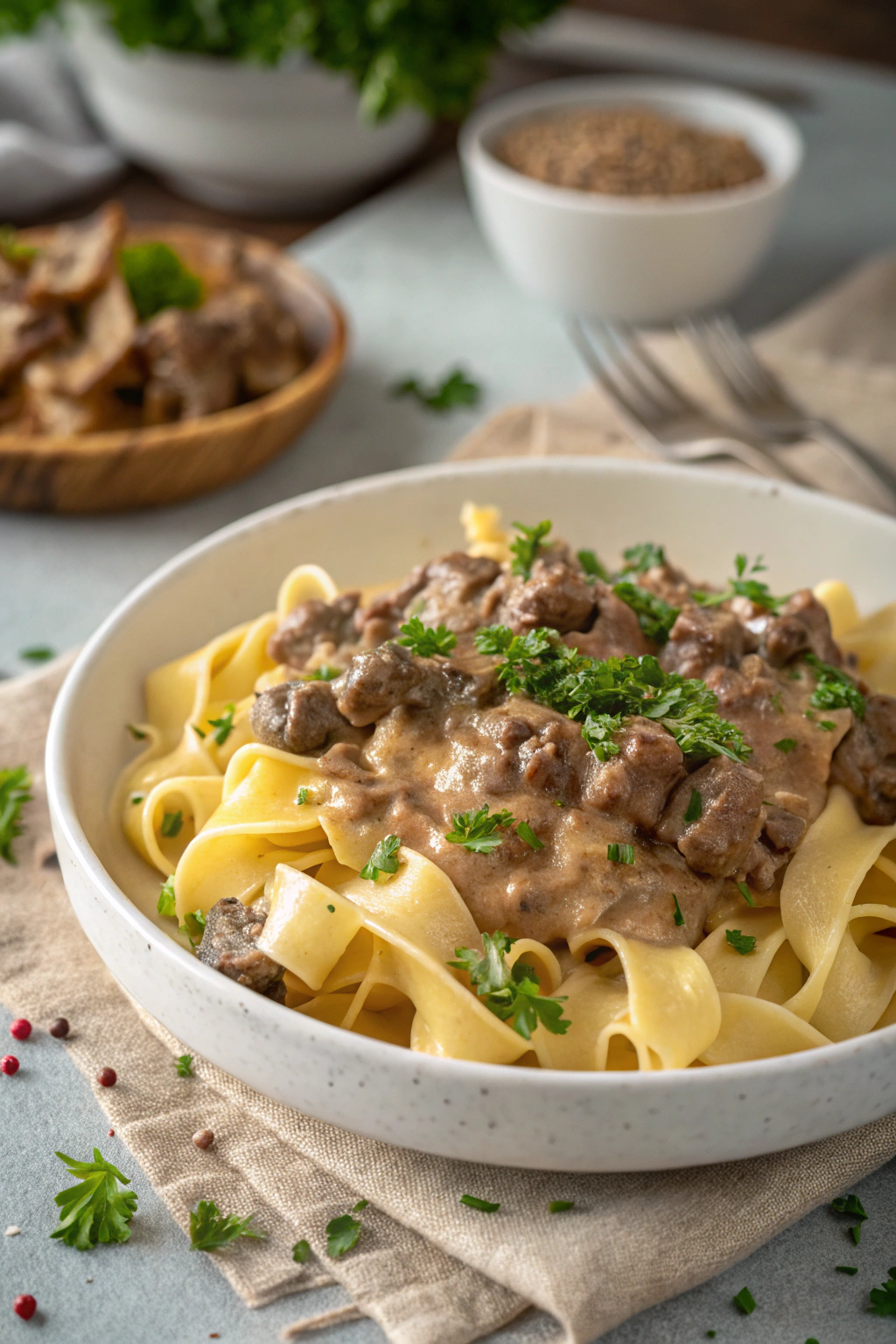 Ground beef stroganoff with creamy mushroom sauce over tender egg noodles, garnished with fresh parsley