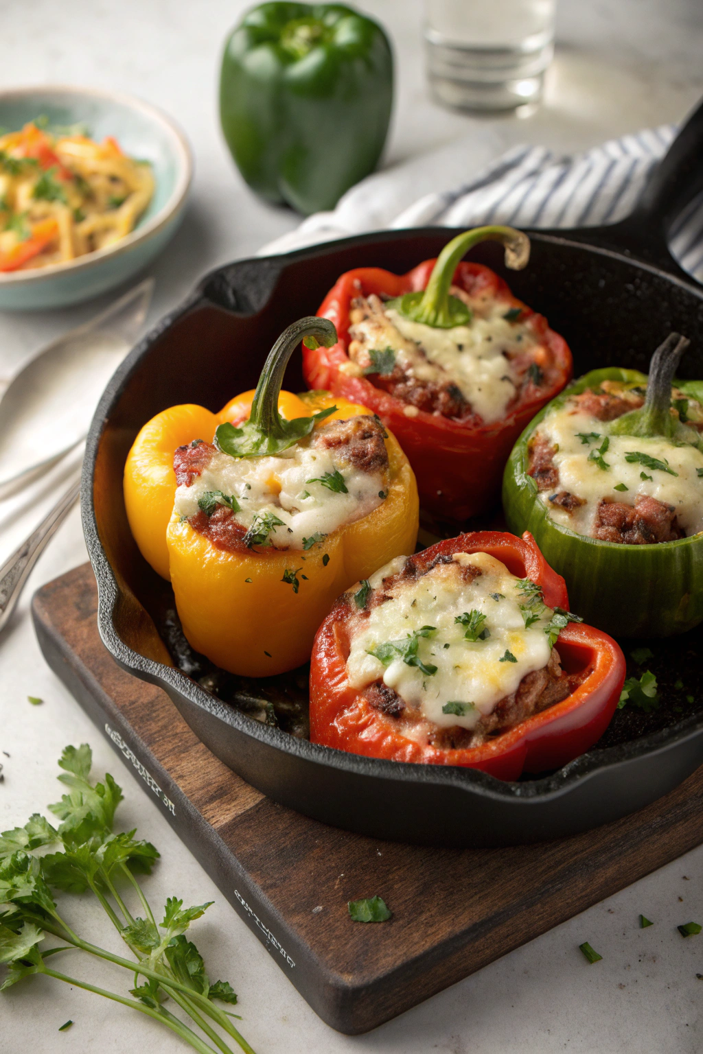 Old fashioned stuffed bell peppers with melted cheese in cast iron skillet, garnished with fresh herbs