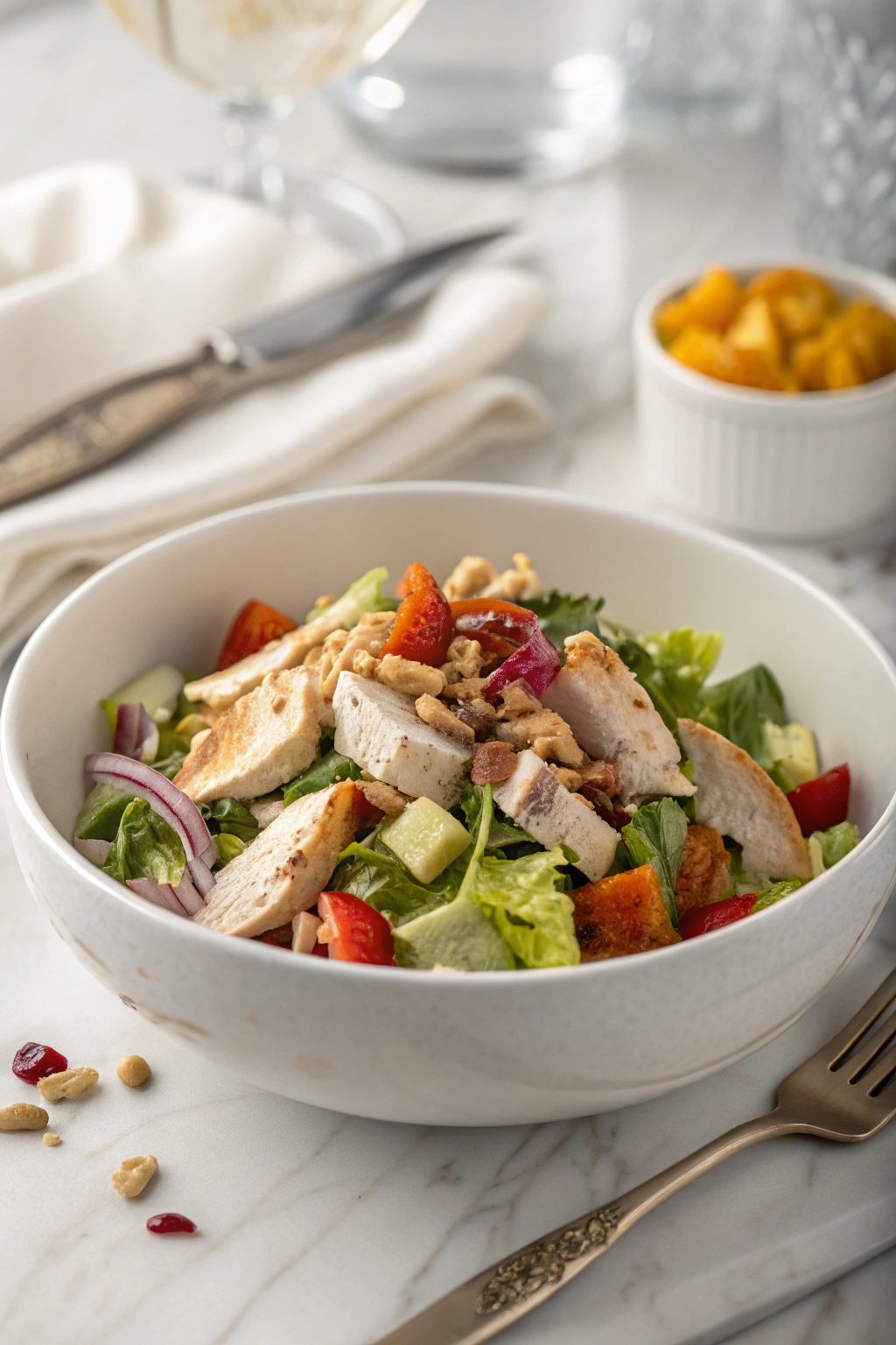 Chopped chicken salad with colorful vegetables and herbs in a white ceramic bowl, dressed with light vinaigrette