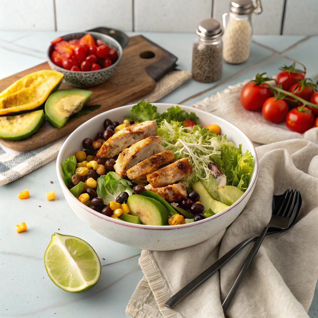 Southwest chicken salad with grilled chicken strips, fresh avocado, and crispy tortilla strips served in a white bowl