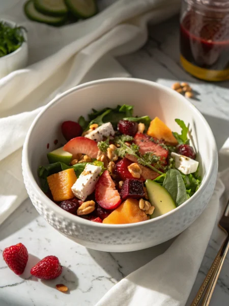 Superfood salad with quinoa, kale, and pomegranate seeds arranged in a white bowl on marble countertop