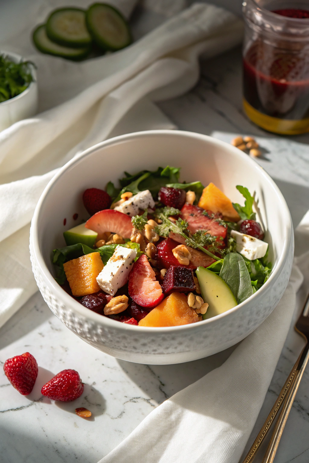 Superfood salad with quinoa, kale, and pomegranate seeds arranged in a white bowl on marble countertop