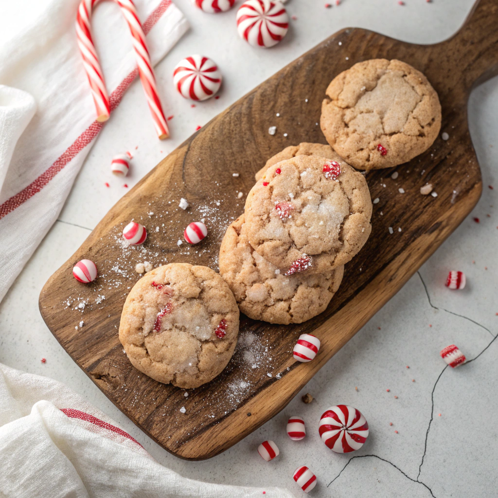 Homemade peppermint cookies decorated with crushed candy canes and white chocolate drizzle on wooden serving board