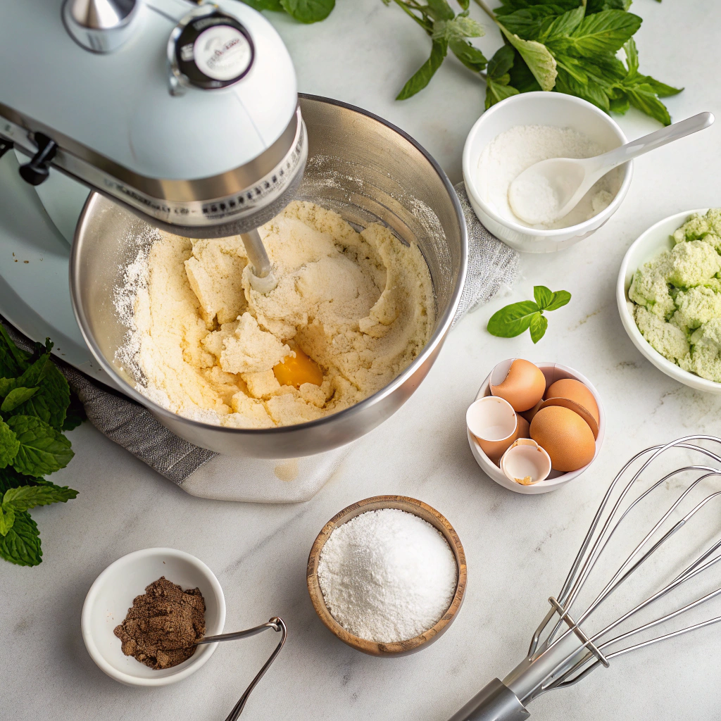 Peppermint cookies ingredients measured and arranged around stand mixer with creamed butter and sugar