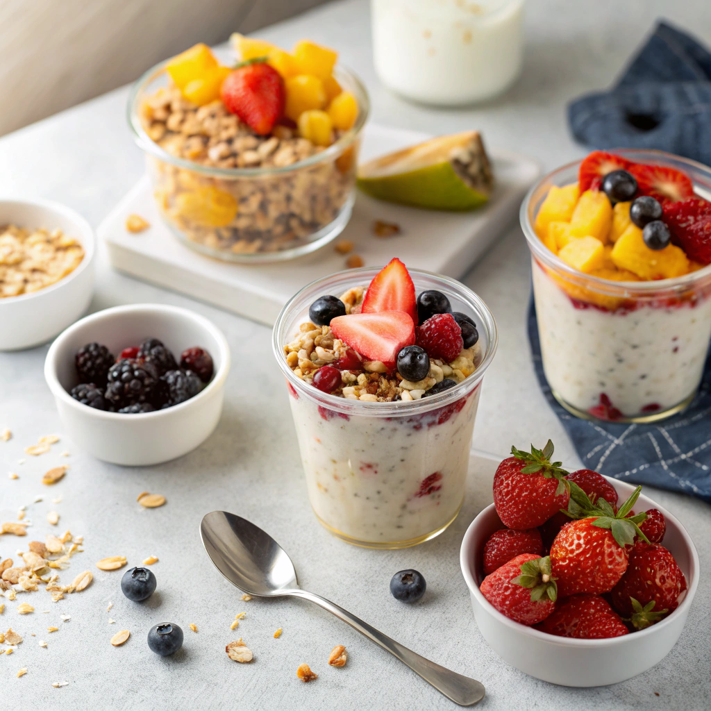 Quick breakfast options arranged beautifully including overnight oats, parfaits, and fresh fruit cups in mason jars