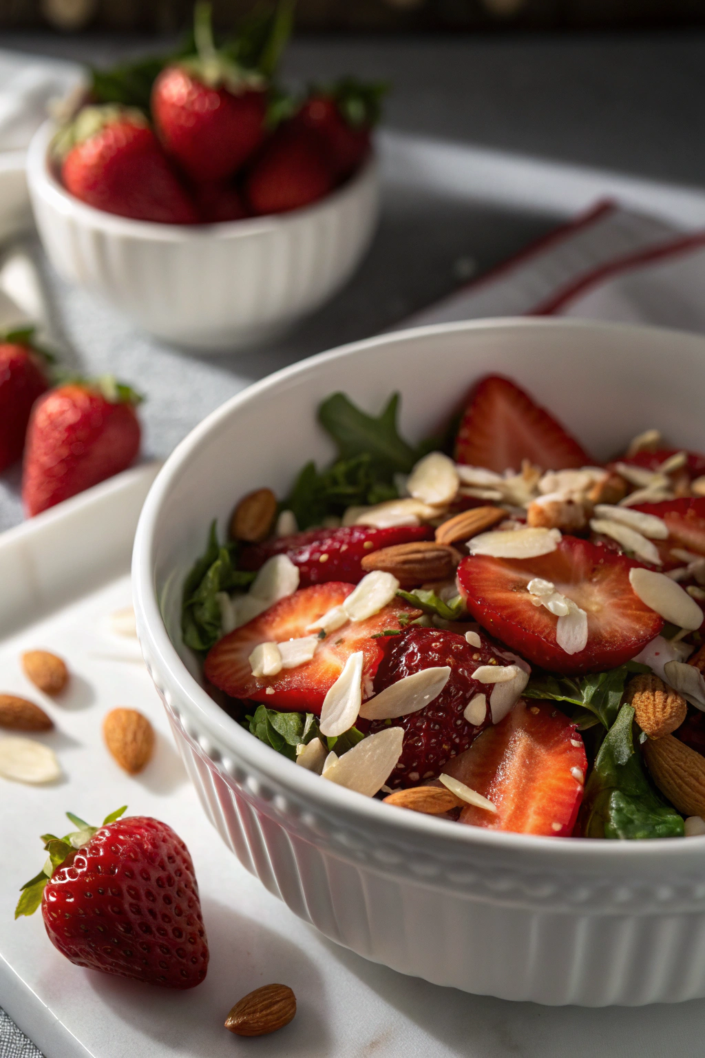 Almond strawberry salad with fresh greens and light vinaigrette in white ceramic bowl, topped with toasted nuts