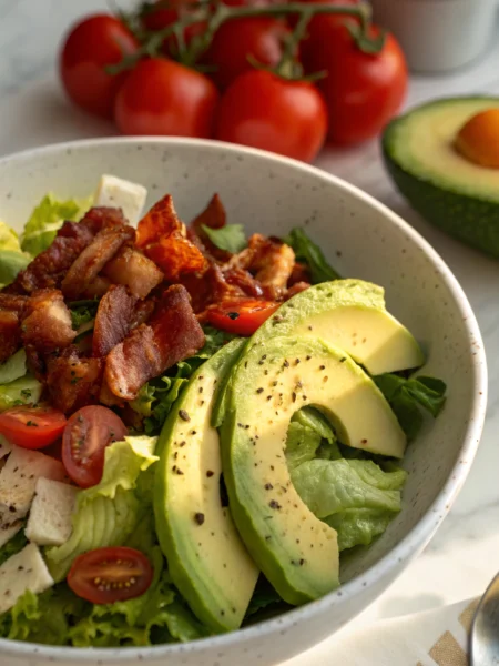 Avocado BLT Salad with crispy bacon, fresh tomatoes, and creamy avocado chunks on crisp romaine lettuce