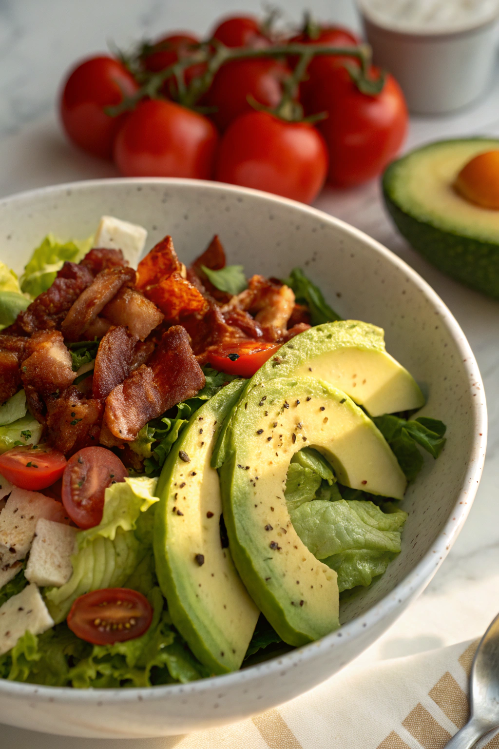 Avocado BLT Salad with crispy bacon, fresh tomatoes, and creamy avocado chunks on crisp romaine lettuce
