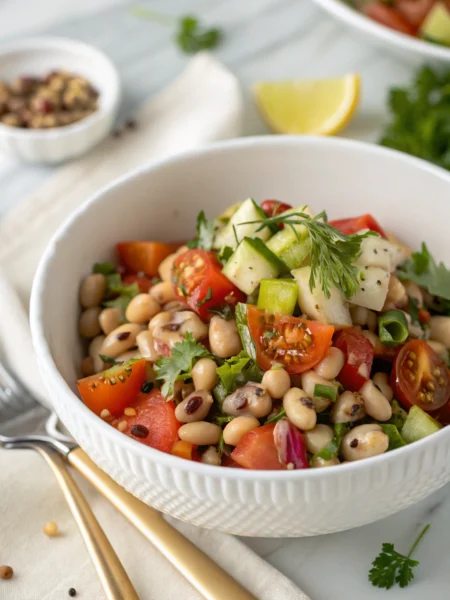 Black Eyed Pea Salad topped with fresh herbs and colorful vegetables in a white ceramic bowl