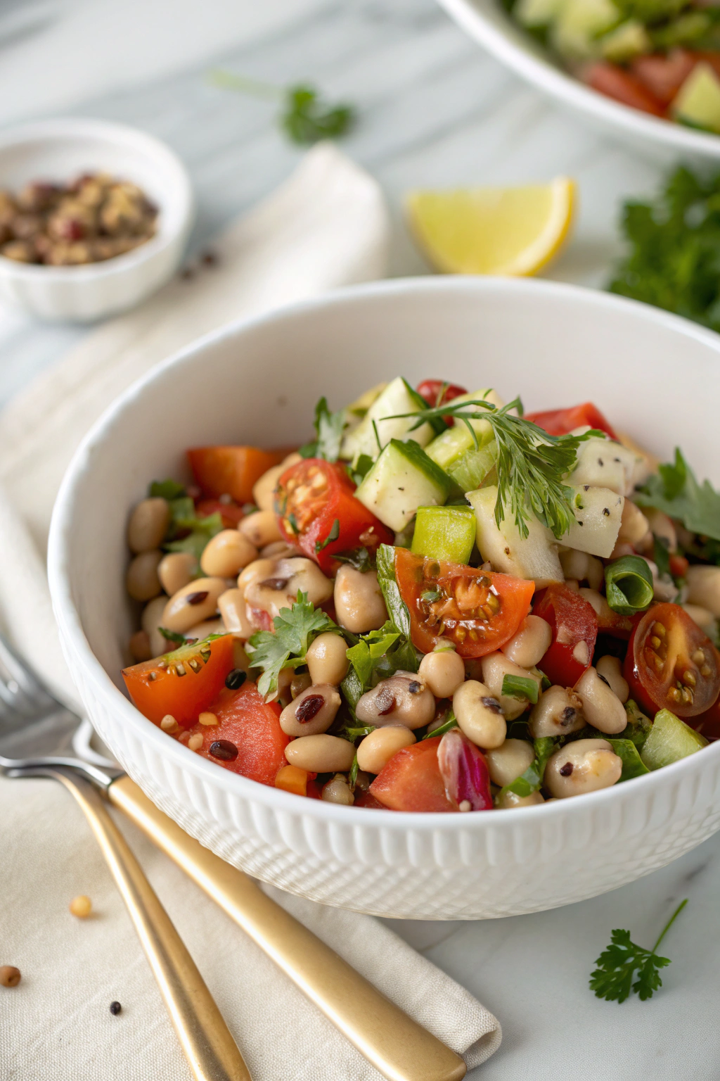 Black Eyed Pea Salad topped with fresh herbs and colorful vegetables in a white ceramic bowl