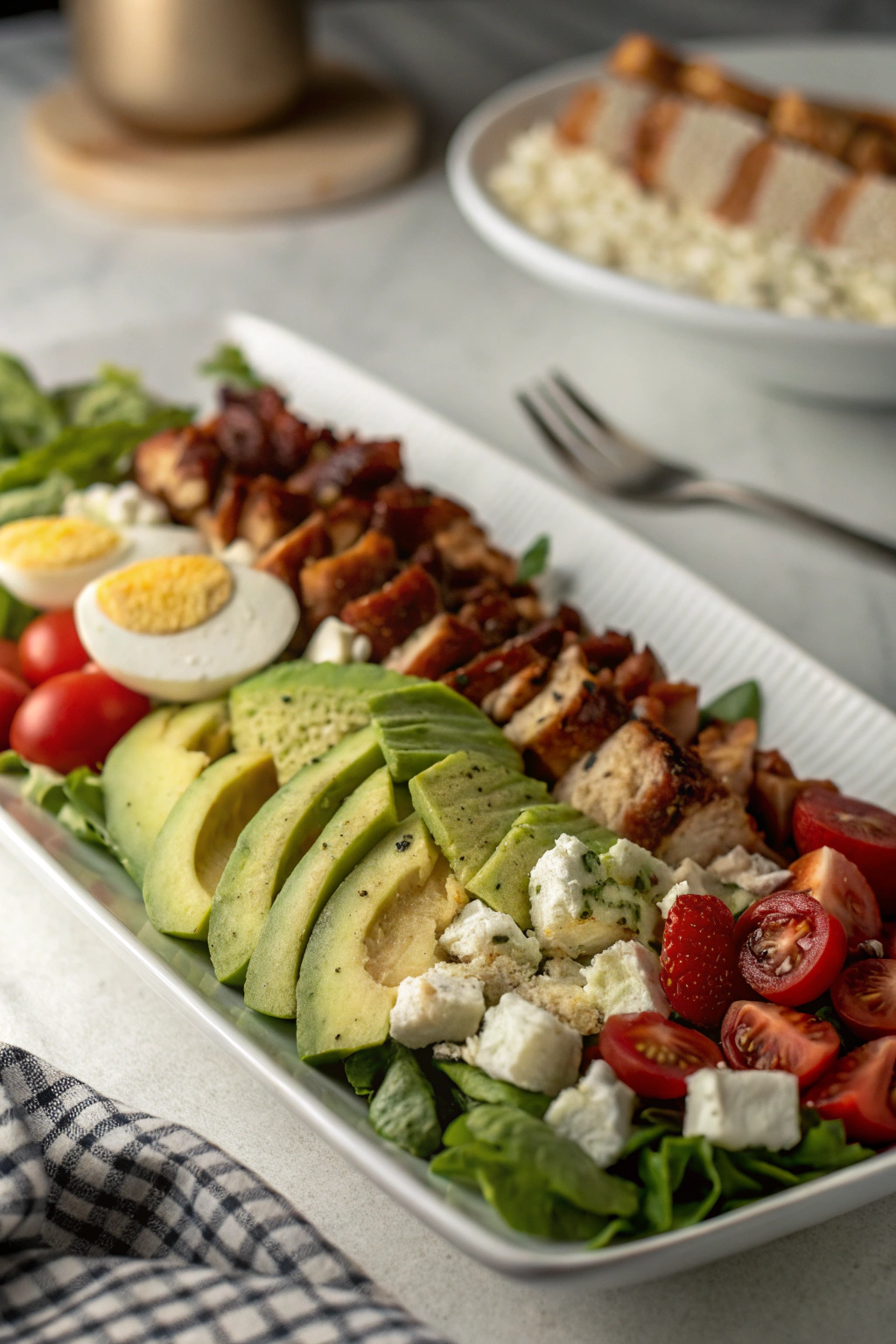 California cobb salad with rows of fresh ingredients including avocado, bacon, chicken, and blue cheese on crisp lettuce