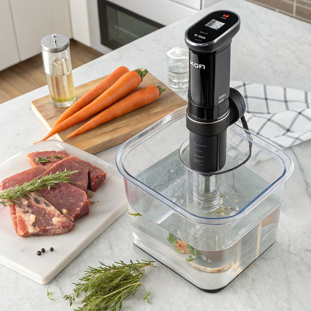 Sous-vide immersion circulator setup with water bath and vacuum-sealed ingredients ready for precision cooking