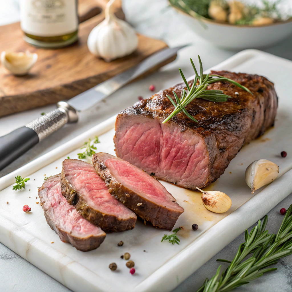 Sous-vide cooked medium-rare steak being sliced with fresh herbs and garlic, showing perfect pink center