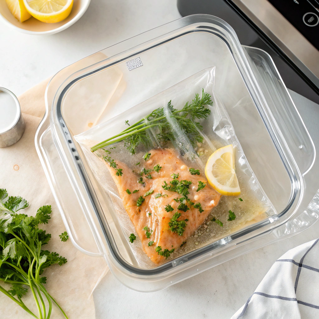 Sous-vide cooking bag properly submerged with weights and clips showing effective floating prevention techniques