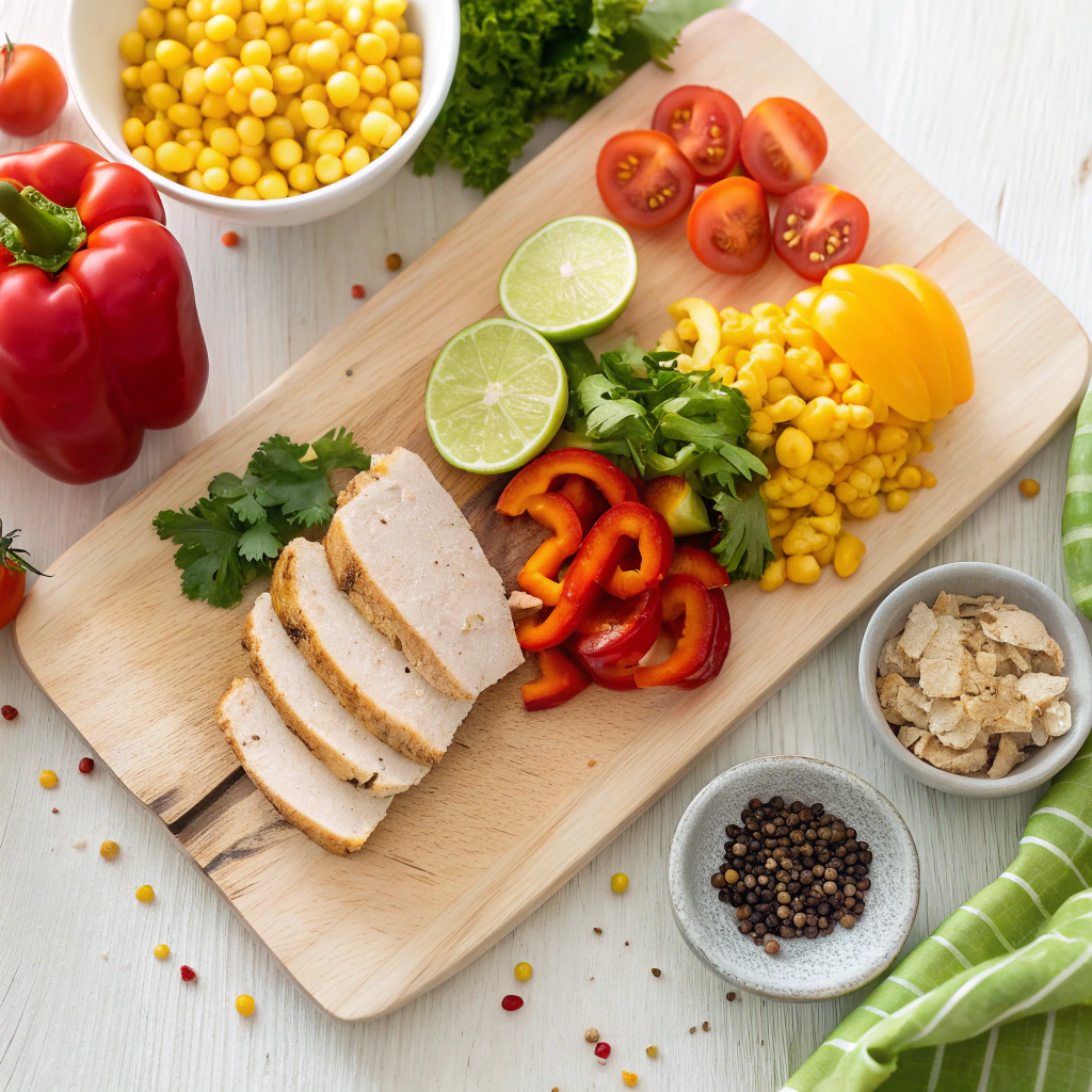 southwest chicken salad ingredients and marinade preparation with fresh vegetables and spices on wooden board