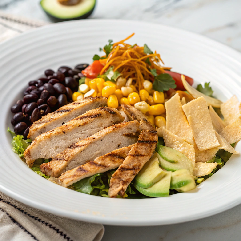 Southwest chicken salad with Mexican-inspired toppings including grilled corn, black beans, and tortilla strips