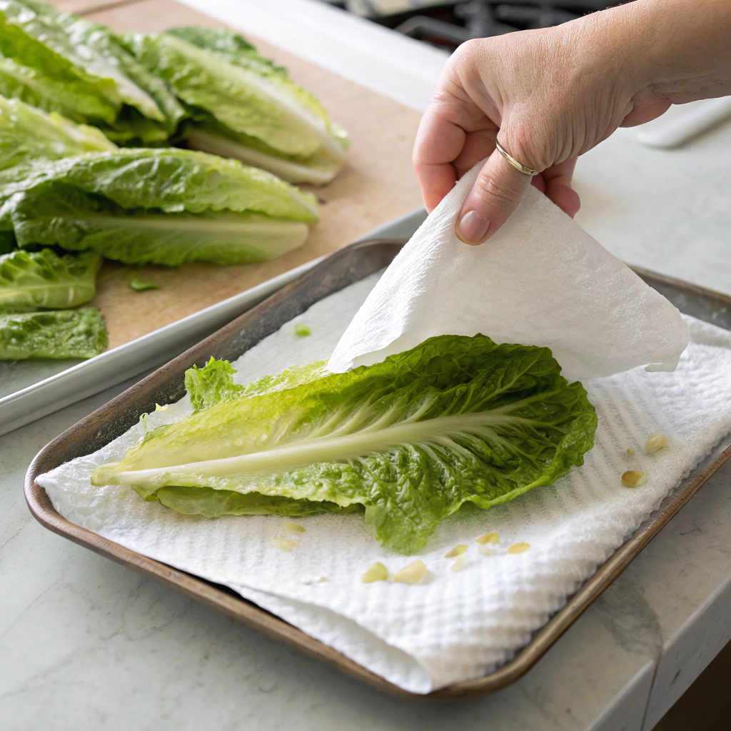 southwest chicken salad prep showing proper lettuce drying technique for crisp, fresh greens