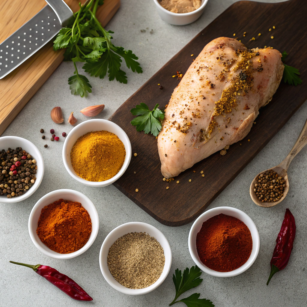 Southwest chicken salad spice blend with chili powder, cumin, and smoked paprika arranged around seasoned chicken