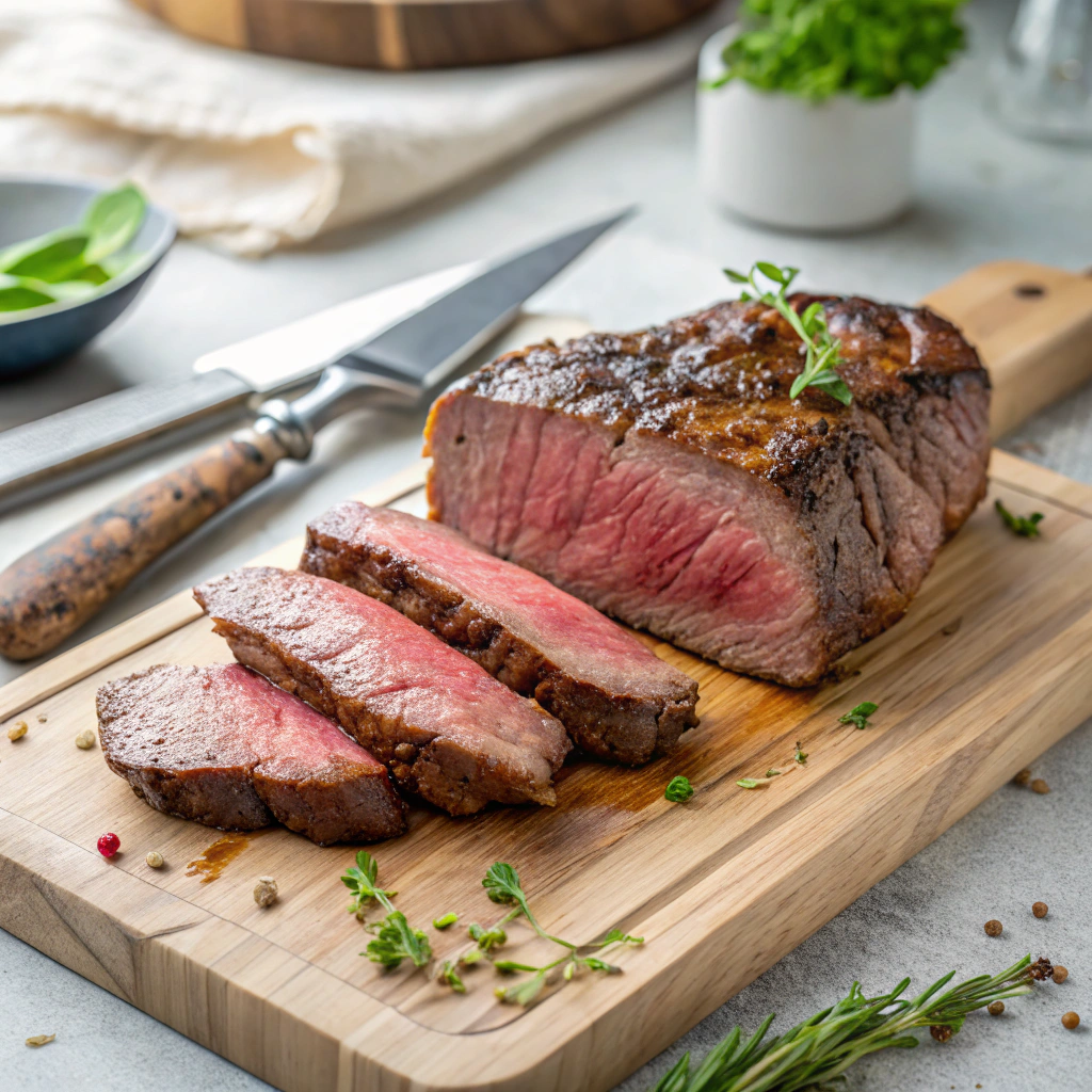 Sous-vide cooked medium-rare steak being sliced on wooden board showing perfect edge-to-edge doneness