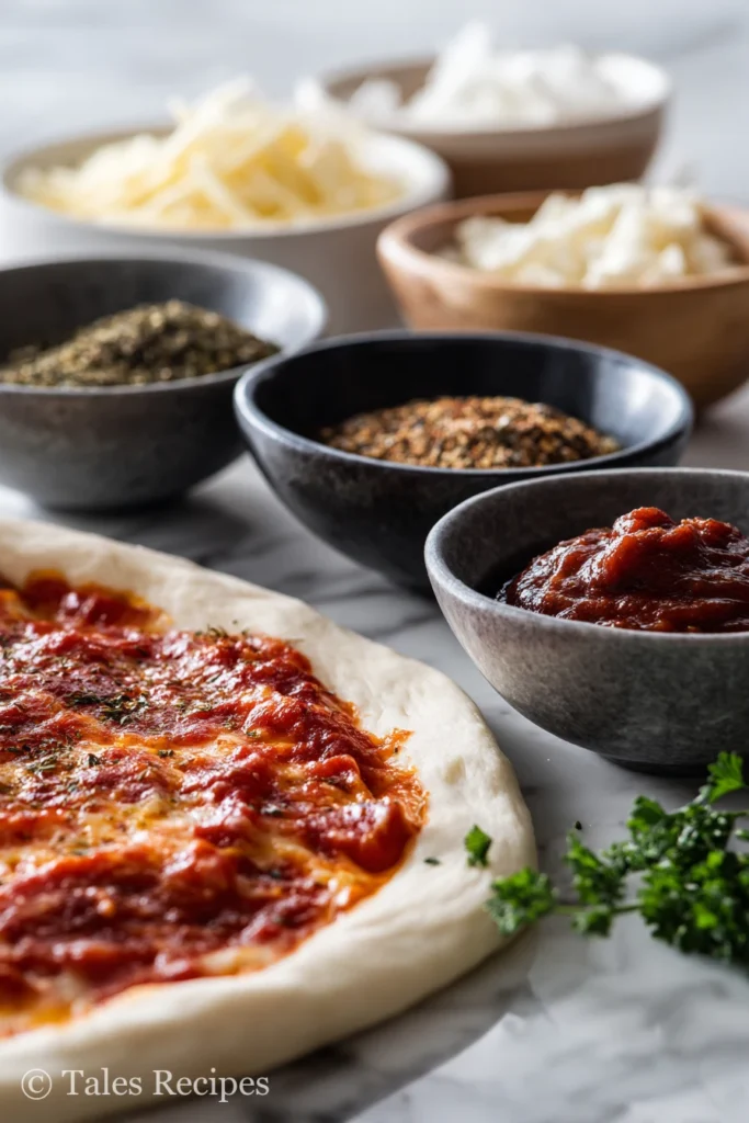 Toppings placed next to pre-baked 3 ingredient cottage cheese pizza crust on white marble