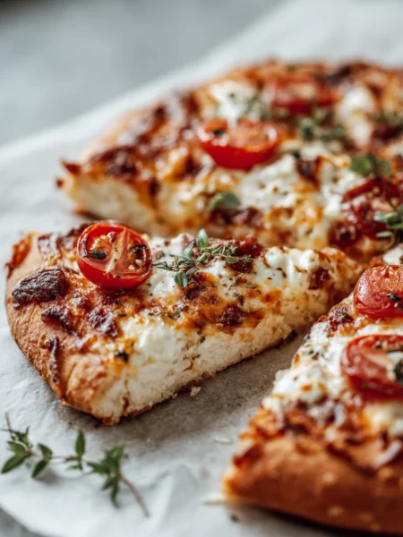 3 ingredient cottage cheese pizza crust golden and sliced on white marble background