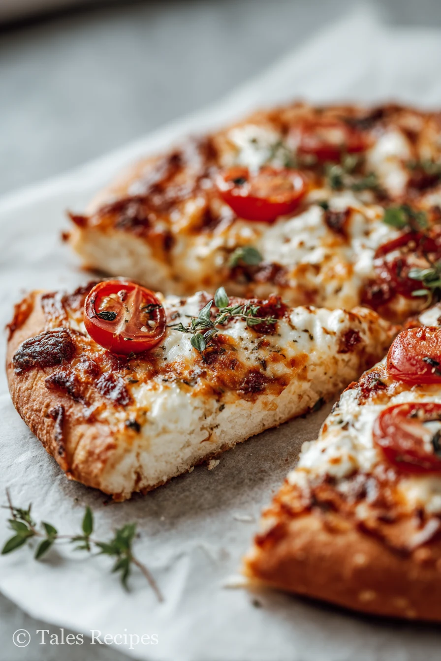 3 ingredient cottage cheese pizza crust golden and sliced on white marble background