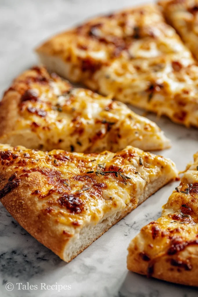 Baked 3 ingredient cottage cheese pizza crust sliced into servings on white marble