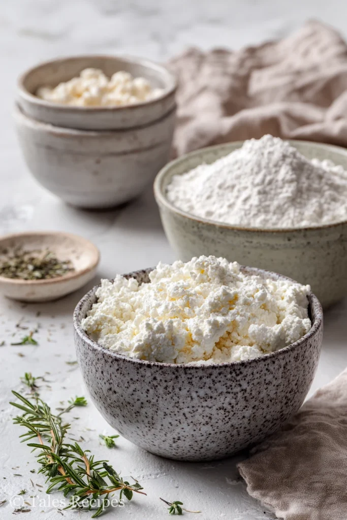 Ingredients for 3 ingredient cottage cheese pizza crust arranged on white marble background