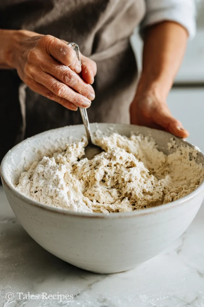 Dough for 3 ingredient cottage cheese pizza crust being mixed in a bowl