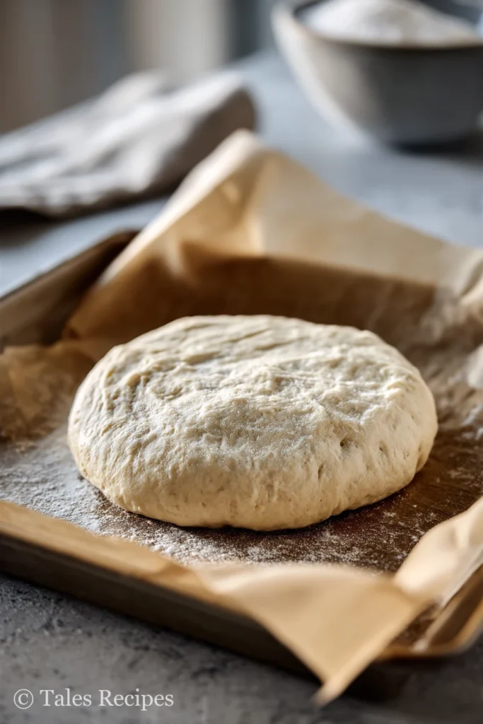 Unbaked 3 ingredient cottage cheese pizza crust on a parchment-lined baking sheet