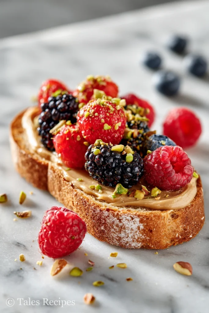 Toast topped with almond pistachio butter, berries, and nuts for a nutritious breakfast.