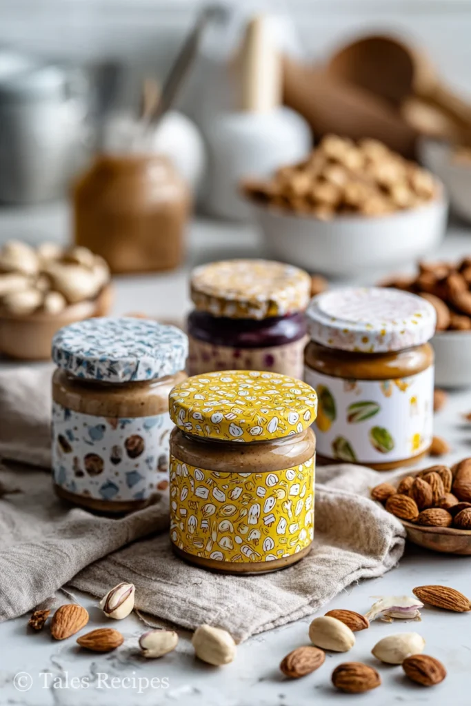 Homemade almond pistachio butter jars with playful child labels and whole nuts on marble.