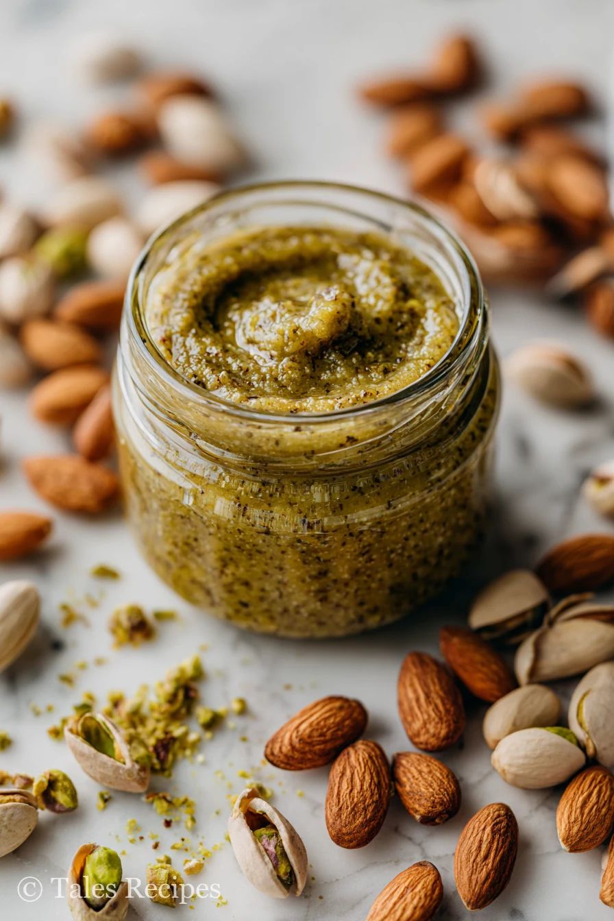 Creamy almond pistachio butter in a glass jar on marble with scattered nuts nearby.