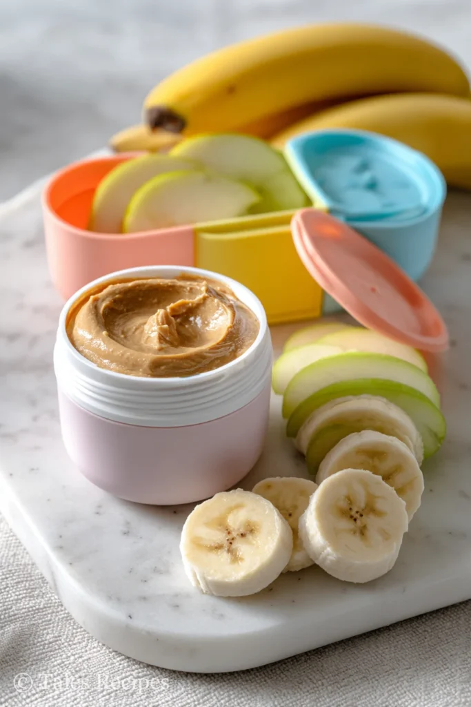 Apple slices and almond pistachio butter in snack container for kid-friendly, healthy lunch.