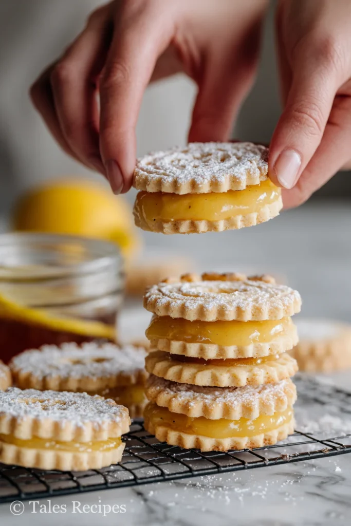 Assembling traditional linzer cookie recipe with lemon curd and powdered sugar.