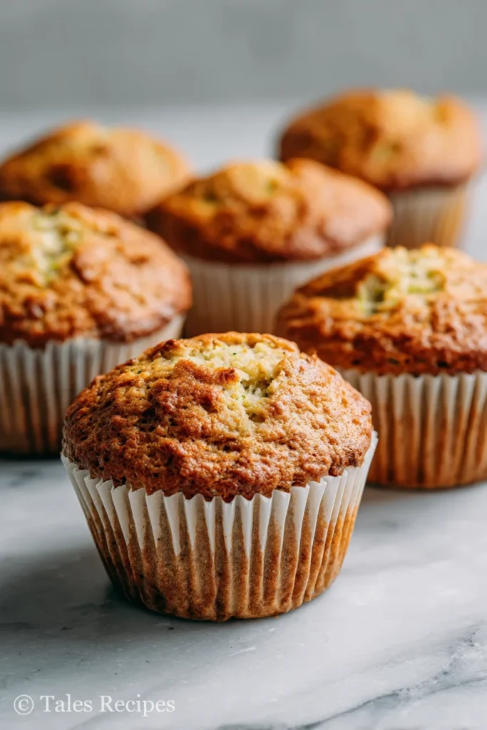 Golden baked vegan zucchini muffins cooling in muffin tin on marble countertop