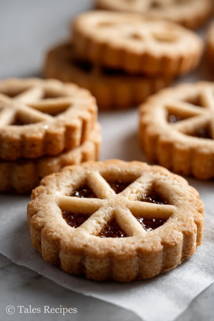 Baked Linzer cookie shells from the best linzer cookie recipe cooling on white marble and parchment.