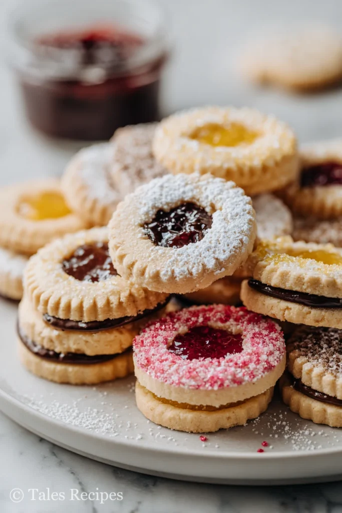 Assorted flavors and fillings of the best linzer cookie recipe cookies on a marble platter.