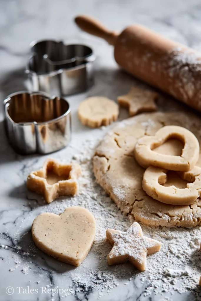 Best linzer cookie recipe dough being rolled and cut into shapes on marble surface.