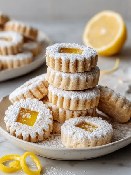 Best linzer cookie recipe with lemon Linzer cookies on white marble, dusted with powdered sugar.