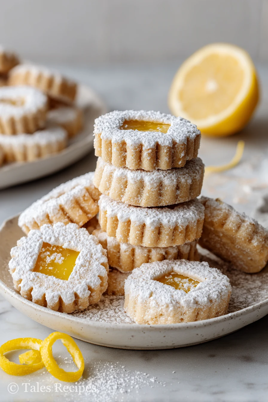 Best linzer cookie recipe with lemon Linzer cookies on white marble, dusted with powdered sugar.