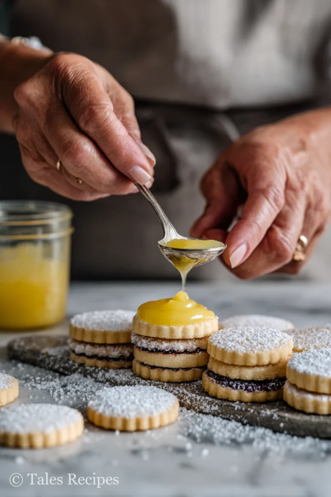Sandwiching lemon curd into cookies using the best linzer cookie recipe on marble background.