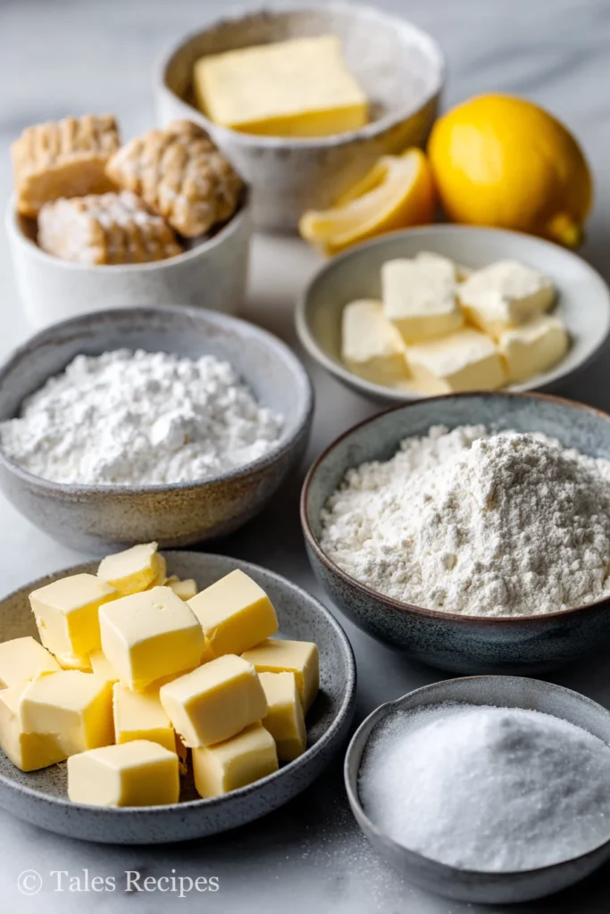 Ingredients for the best linzer cookie recipe in close-up bowls on white marble background.