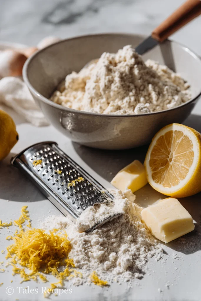 Fresh lemon zest ready to go into the best linzer cookie recipe dough on marble background.
