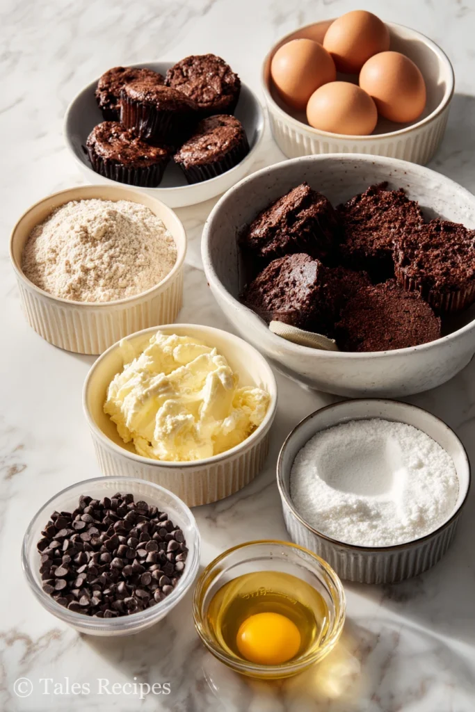 Brownie mix, cream cheese, eggs, and chocolate chips for black bottom cupcakes preparation.