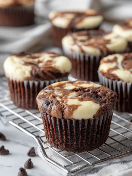 Freshly baked black bottom cupcakes with cheesecake and brownie layers on a wire rack.