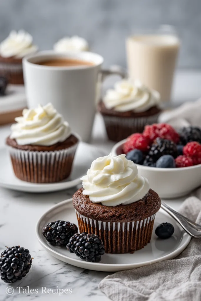 Black bottom cupcakes with berries, milk, and coffee for perfect flavor pairings.
