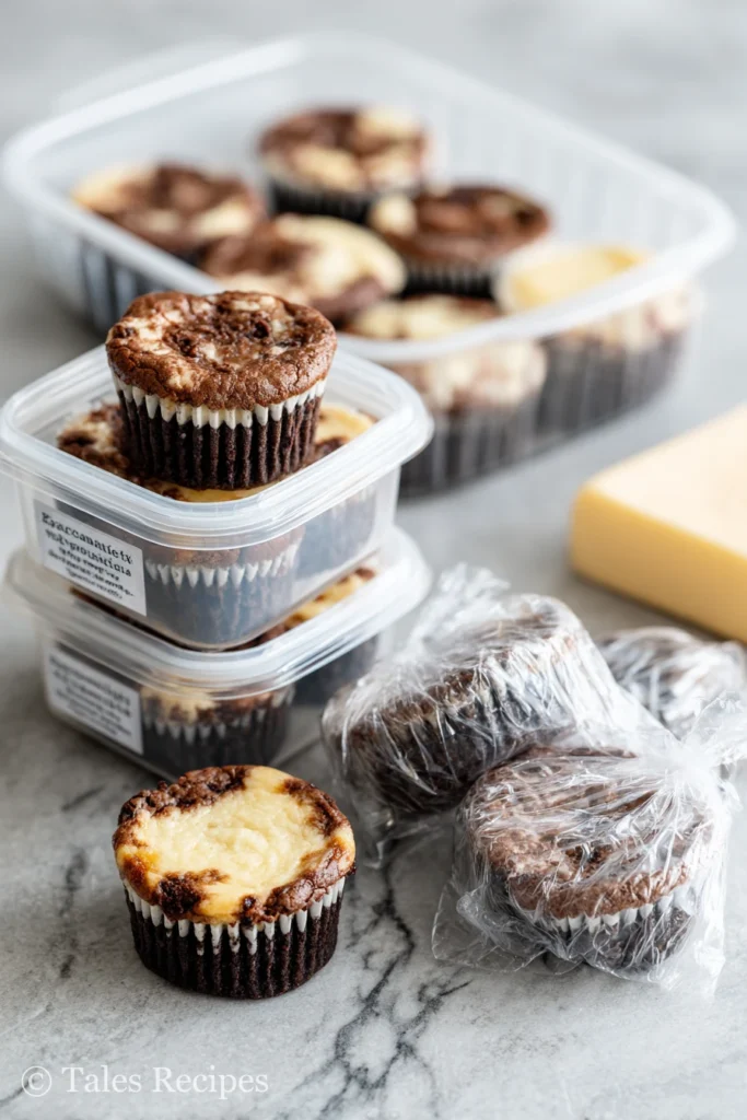 Black bottom cupcakes stored in airtight container and wrapped for freezer-friendly storage.