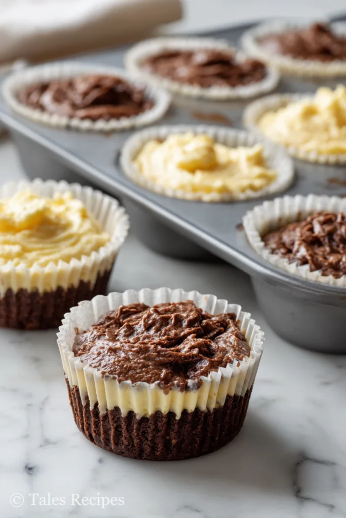 Muffin tin filled with brownie and cheesecake batter layers for black bottom cupcakes.