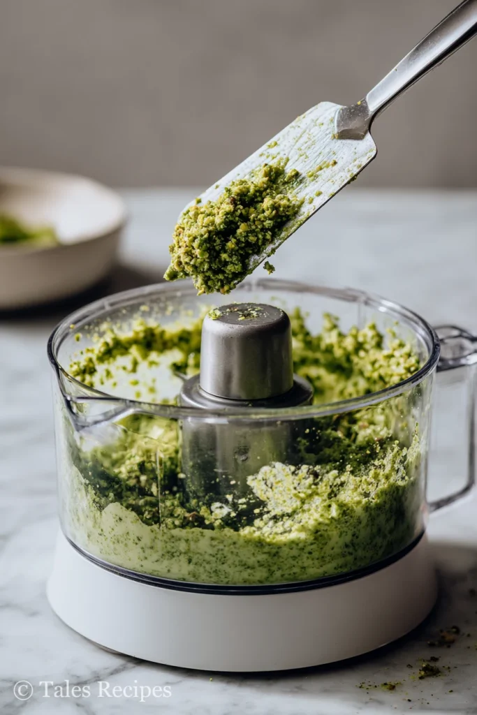Pistachios blending in food processor for creamy pistachio spread